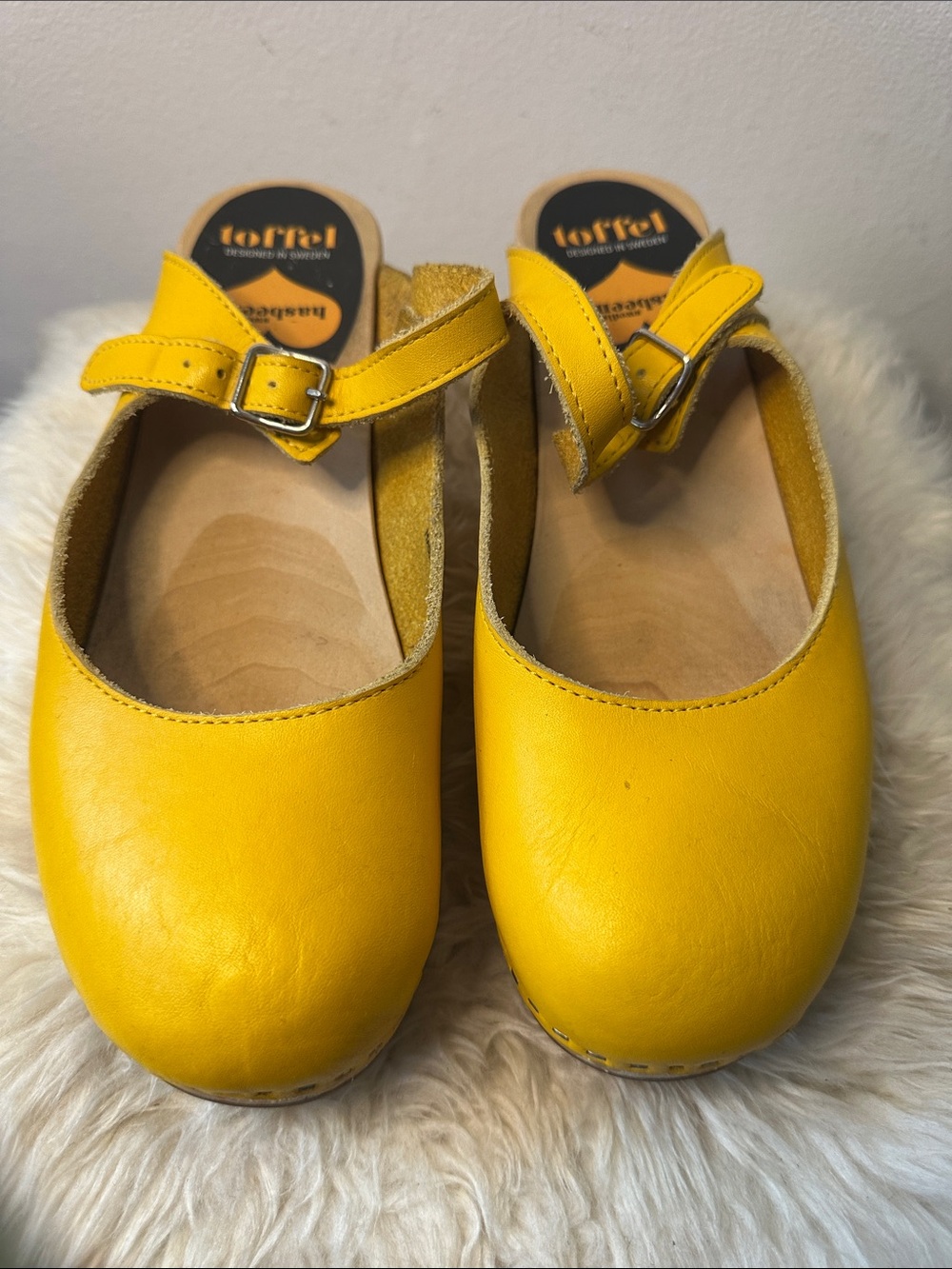 SWEDISH HASBEENS yellow Mary Jane mule clog